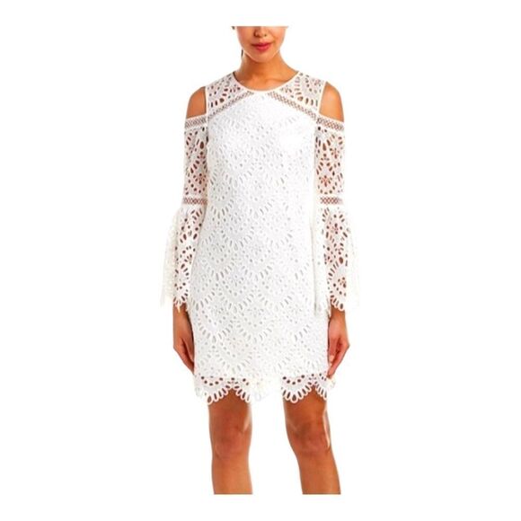 Laundry by Shelli Segal White Eyelet Cold Shoulder Dress w/Bell Sleeves Sz 2 - Picture 1 of 16